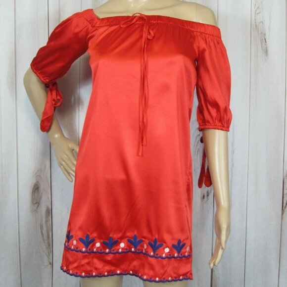 Medium Off Shoulder Dress Red Satin Blue & White Embroidery Mini Shift Dress NEW - Picture 1 of 8